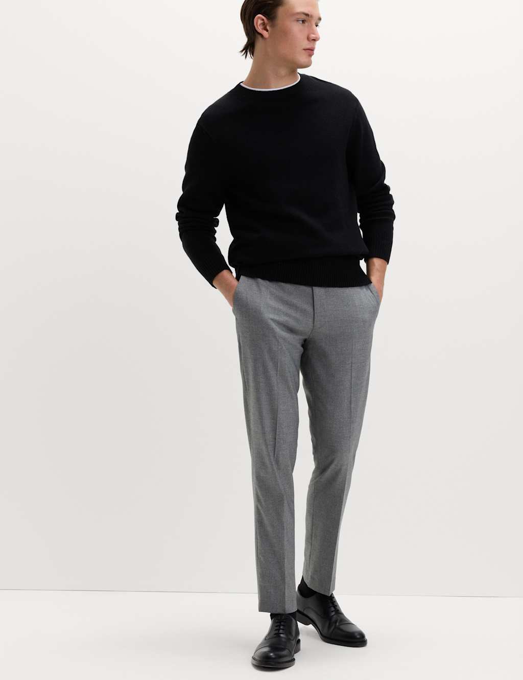 M&S Men's Tailored Fit Micro Grid Trousers - 32 - Silver Grey