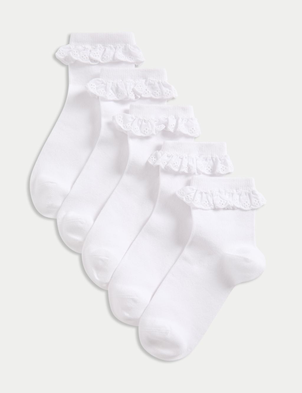 M&S 5pk Cotton Rich Broderie Frill School Socks White