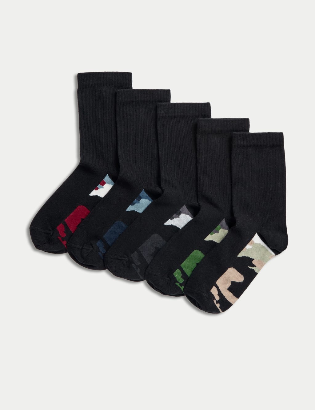 5pk Cotton Rich Camo Sole School Socks (6 Small-7 Large)