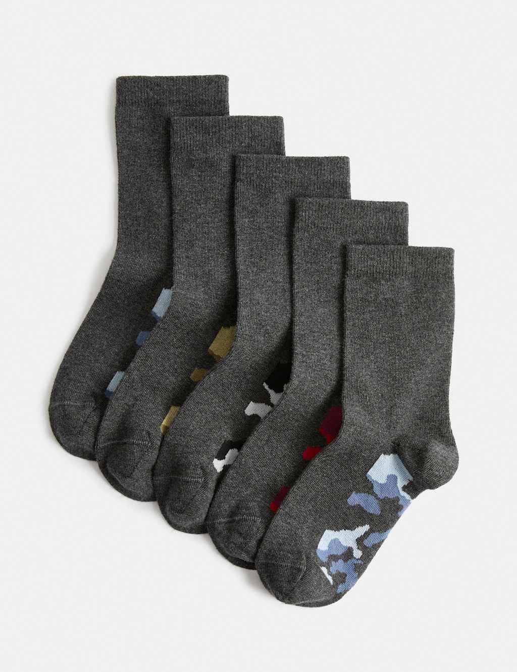 M&S Boys 5 Pack Cotton Rich Printed Footbed Socks - 4-7 - Grey
