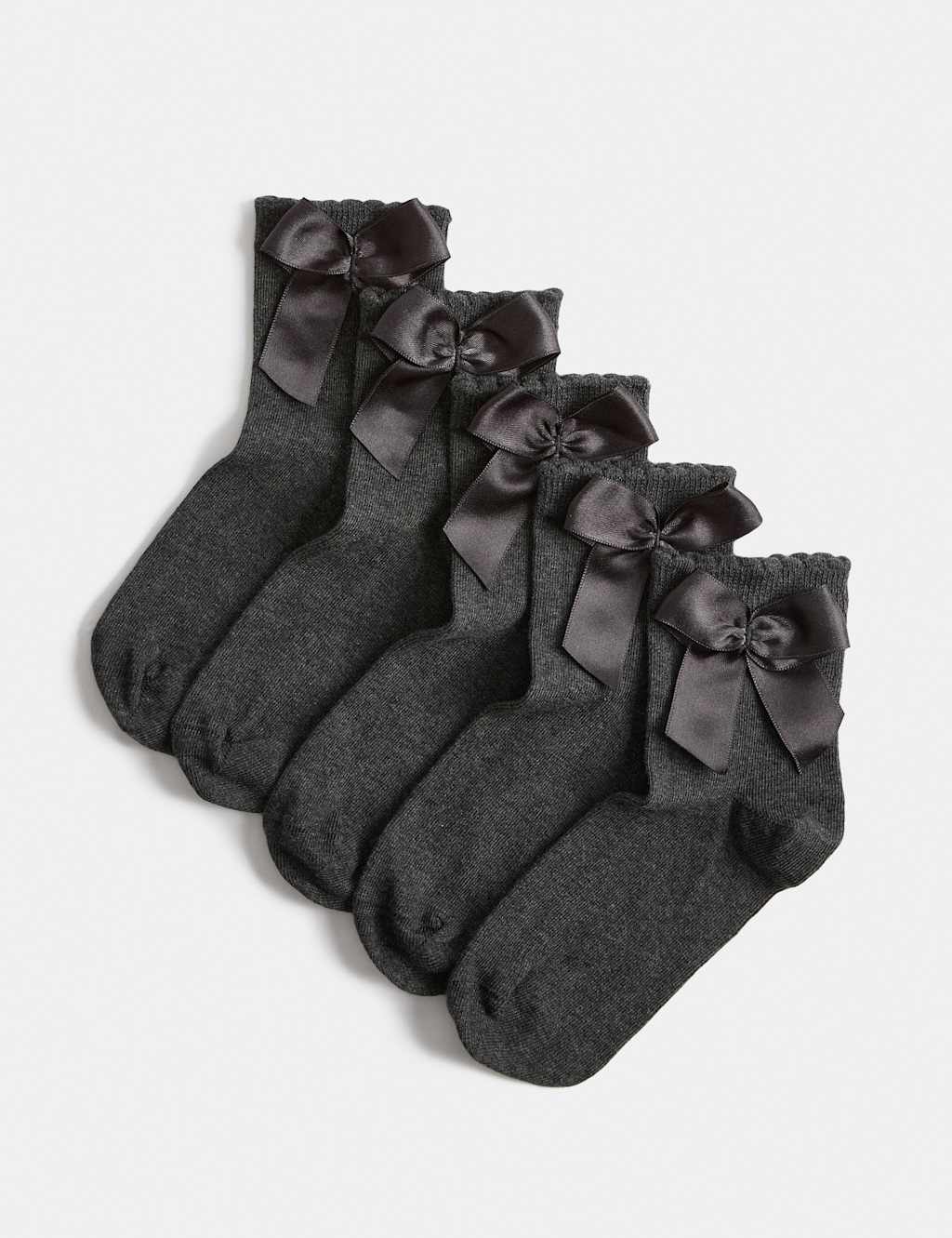 M&S Girls 5 Pack Cotton Rich Ankle Bow Socks (6 Small-7 Large) - 12½-3 ½ - Grey