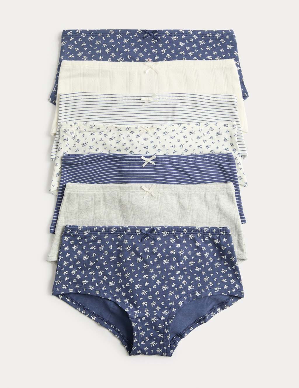 M&S 7 Pack Floral Stripe Pointelle Shorts (5-16 Yrs) Navy Mix