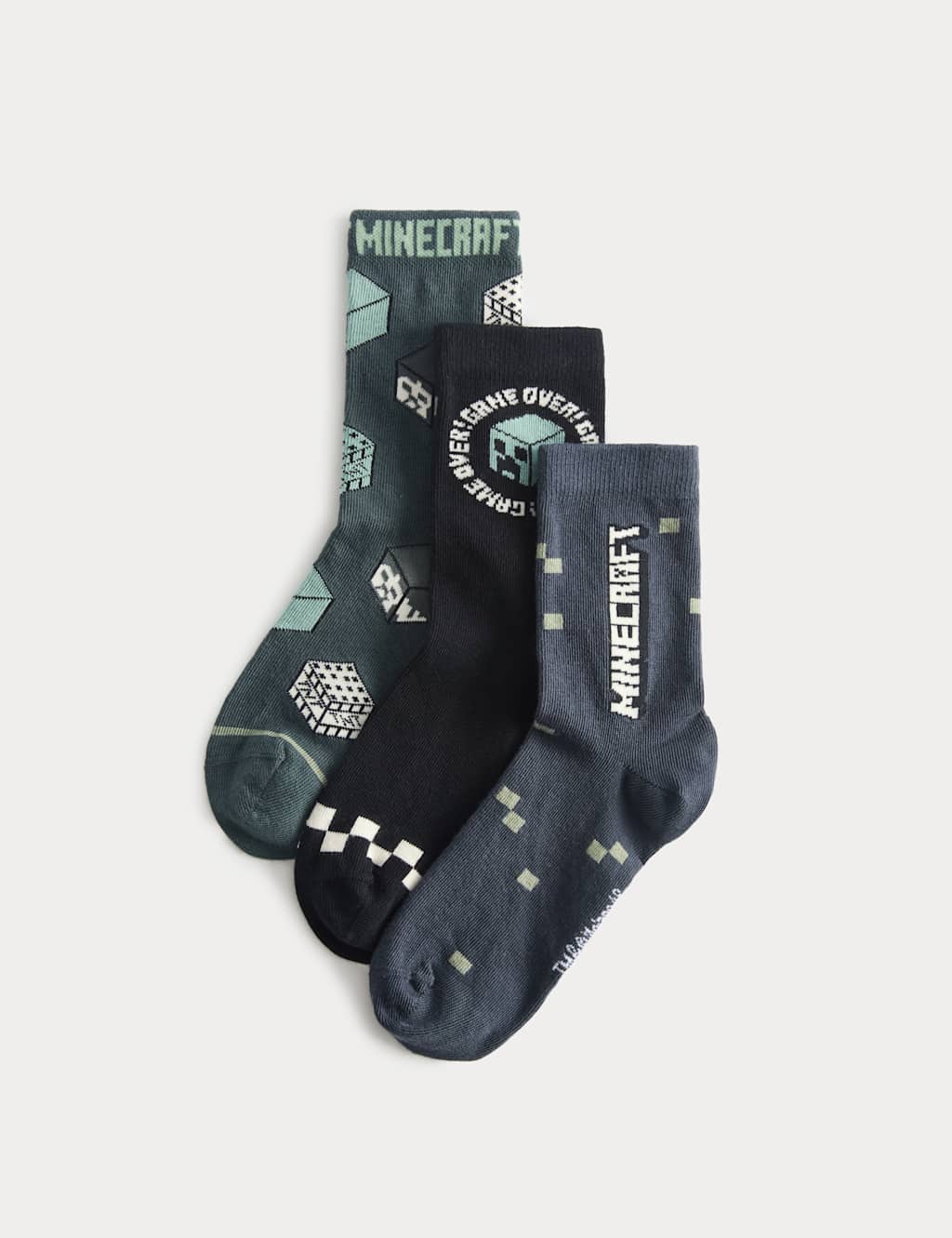 M&S Boys 3 Pack Cotton Rich Minecraft Socks (6 Small-7 Large) - 4-7 - Green Mix