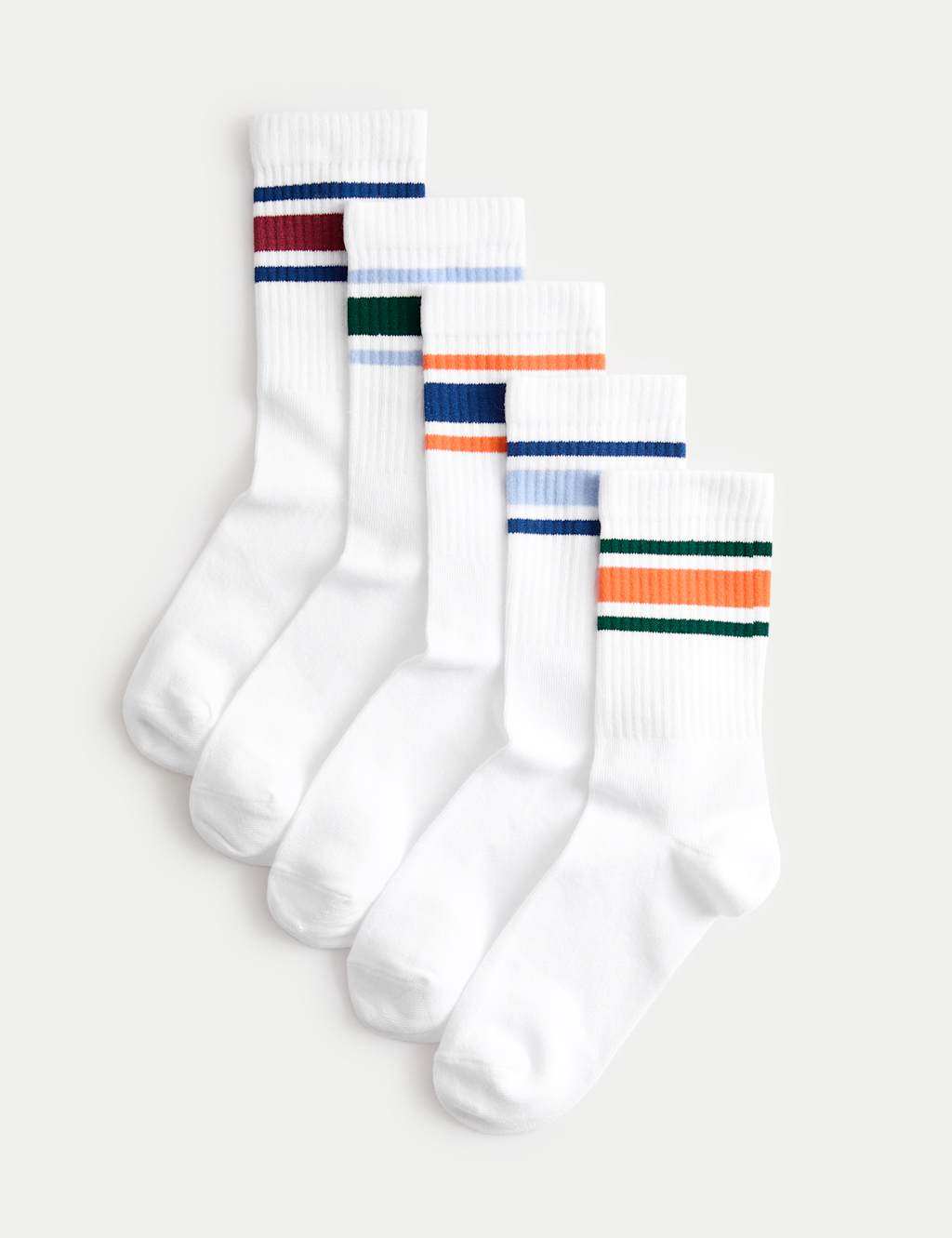 M&S Boys 5 Pack Cotton Rich Ankle Stripe Socks (6 Small - 7 Large) - 6-8 ½ - White Mix