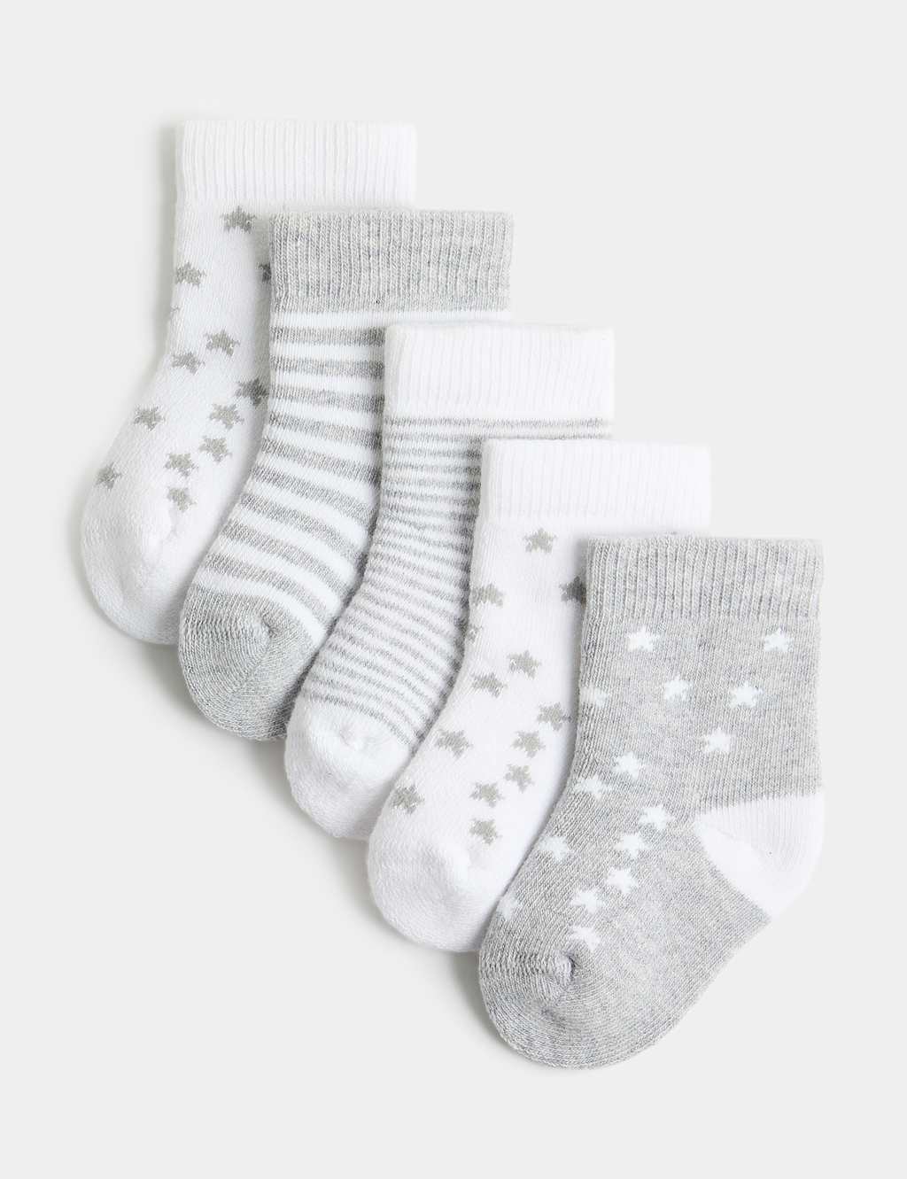 M&S Kids 5 Pack Cotton Rich Star Terry Socks - Newborn - Grey Mix