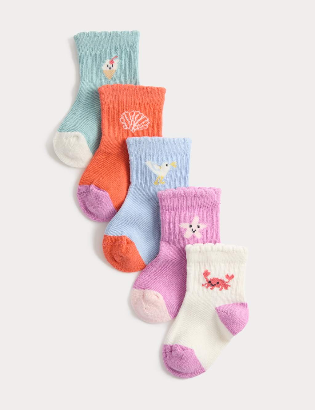 M&S 5 Pack Cotton Rich Seaside Baby Socks (0-24 Months) - 12-24 - Orange Mix