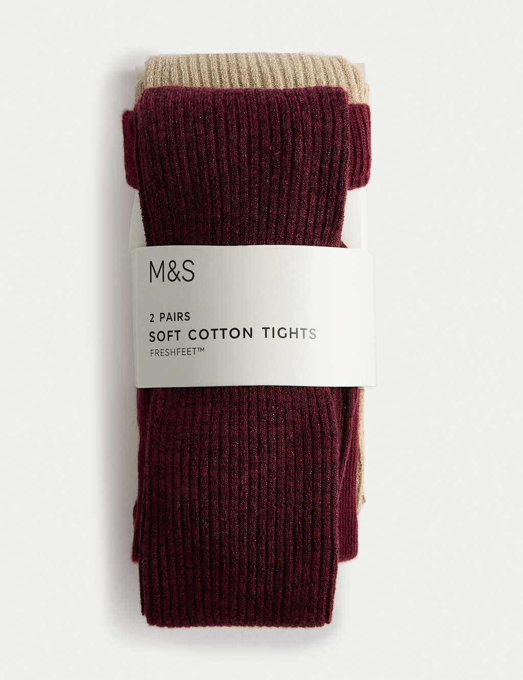 M&S 2 Pack Glitter Rib Tights (2-14 Yrs) Claret