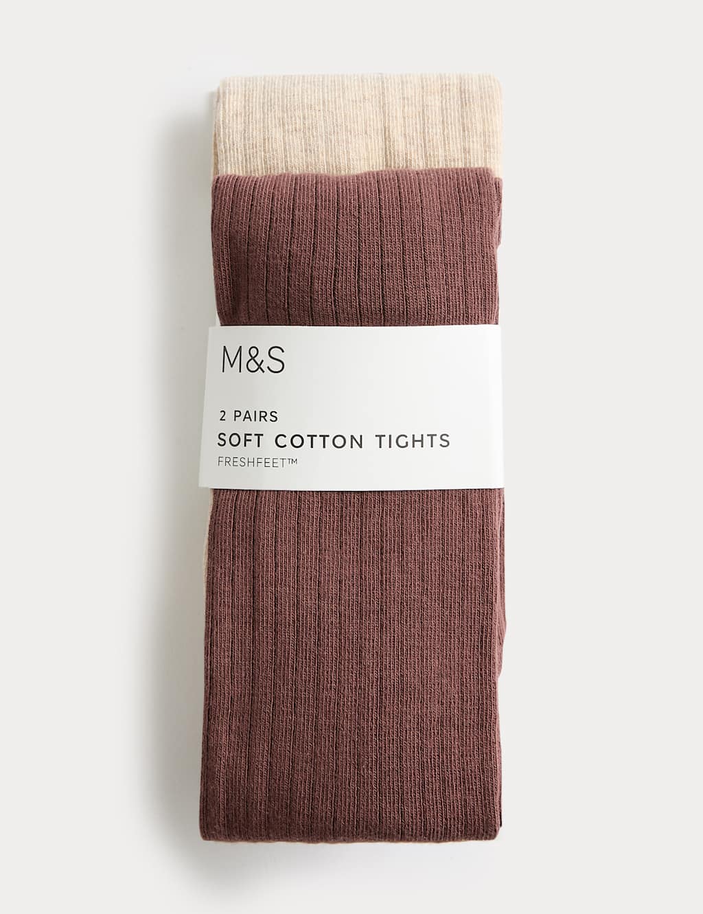 M&S 2 Pack Cotton Rich Ribbed Tights (2-14 Years) Neutral