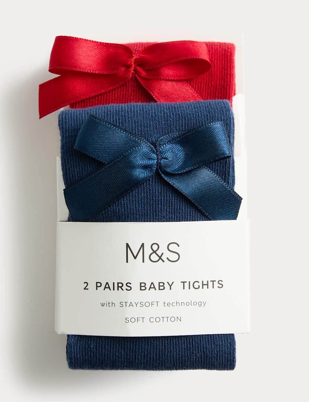 M&S 2 Pack Cotton Rich Bow Tights (0-3 Years) Red Mix