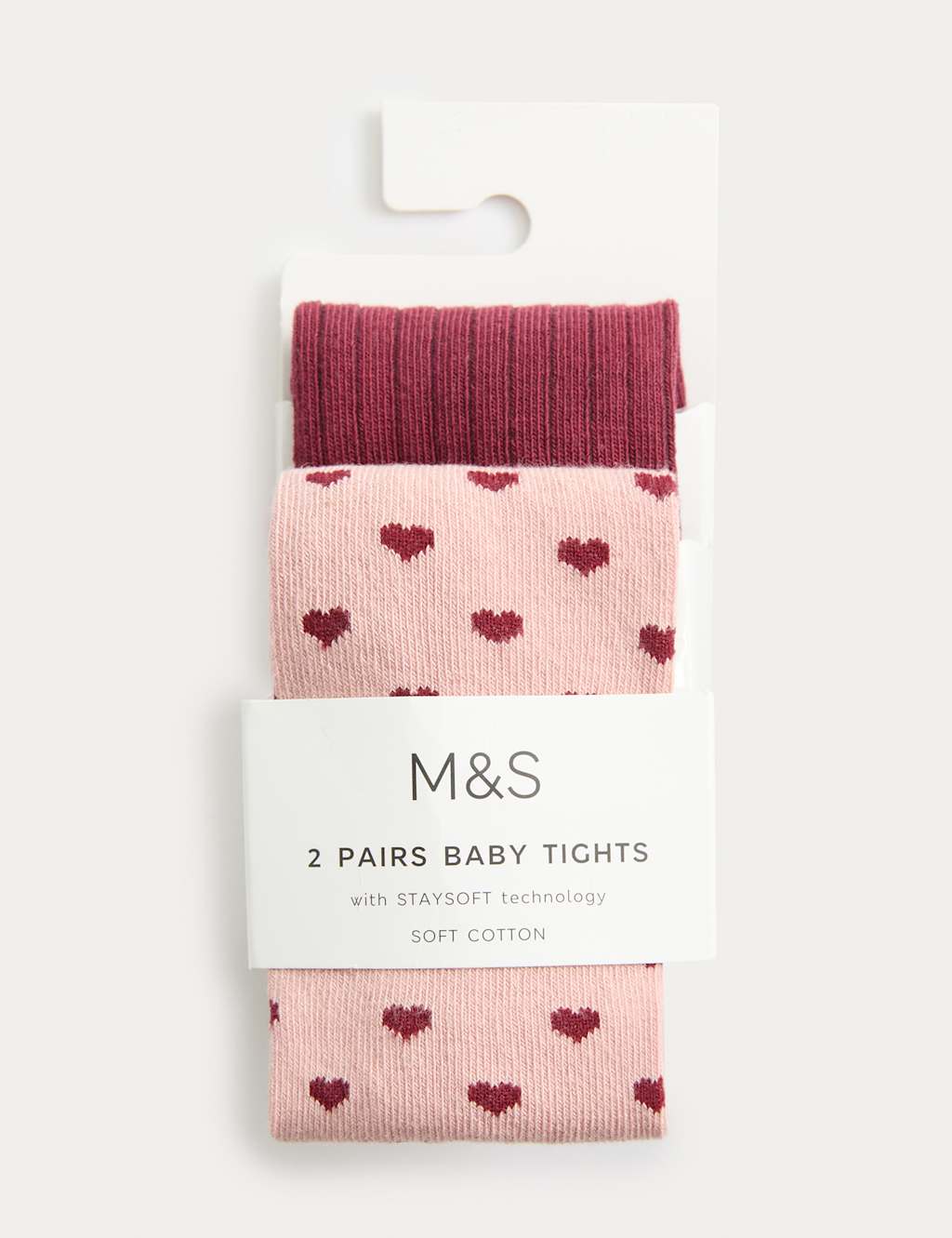 M&S 2 Pack Cotton Rich Pink Heart & Ribbed Tights (0-3 Yrs) Pink Mix