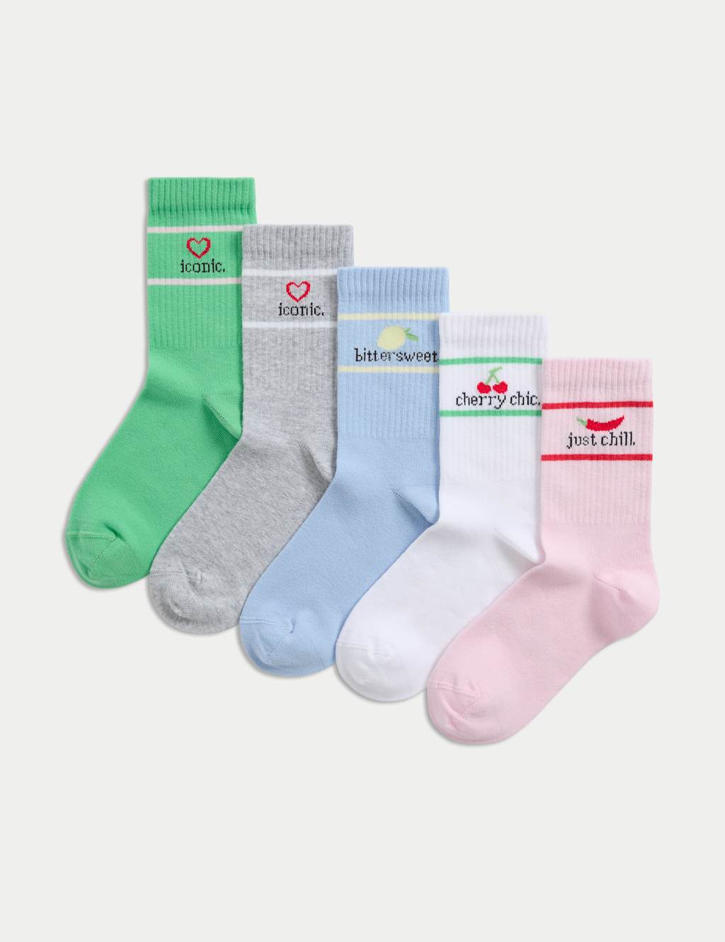 5pk Cotton Rich Ribbed Striped Slogan Socks (6 Small - 7 Large)