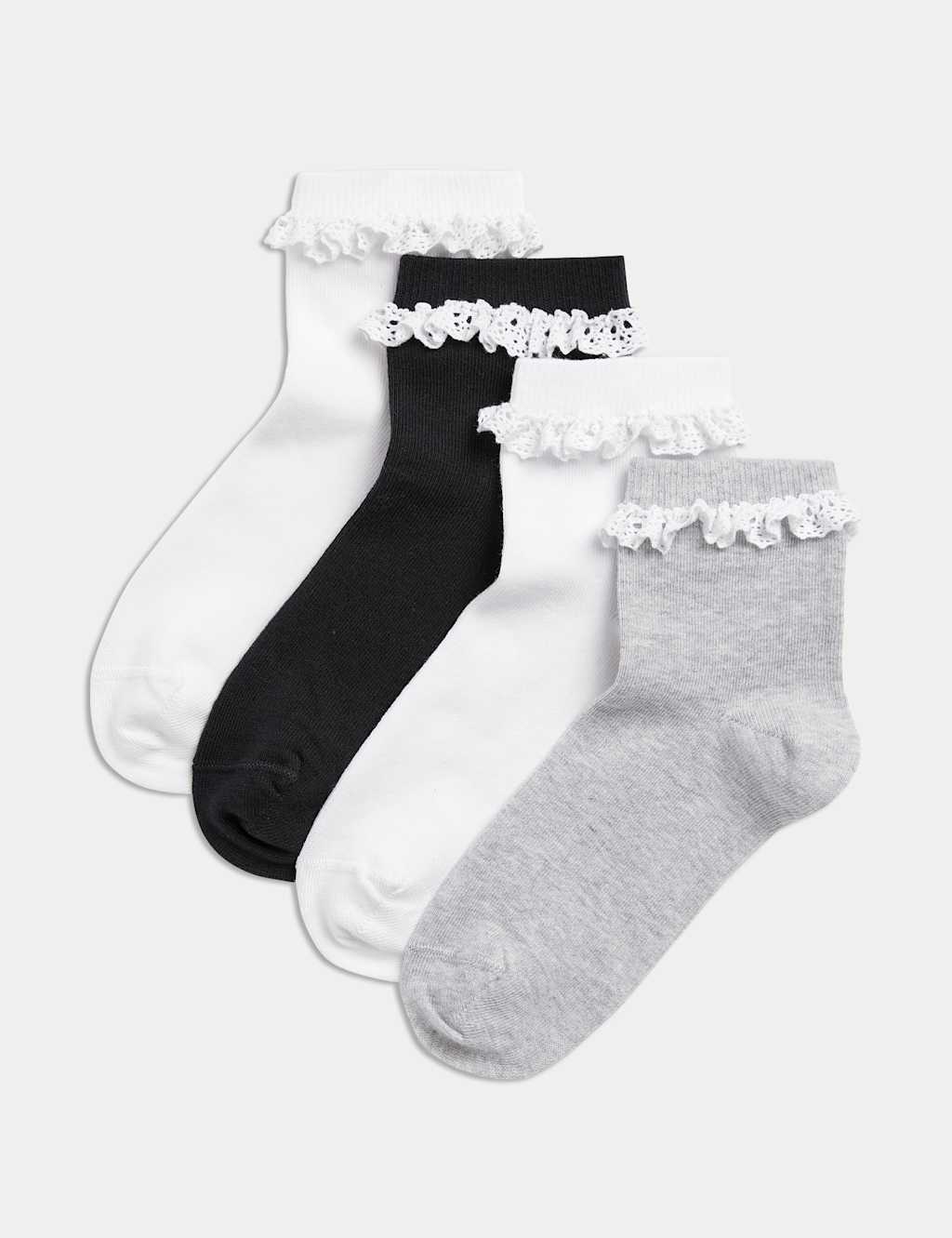 M&S Collection Girls 4pk Girls Cotton Rich Frill Socks (6 Small - 7 Large) - 12+3+ - Grey Marl, Grey Marl