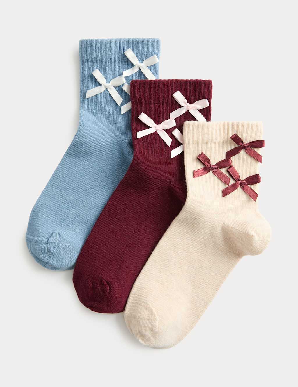 M&S 3pk Cotton Rich 3D Bows Socks (6 Small - 7 Large) Burgundy Mix