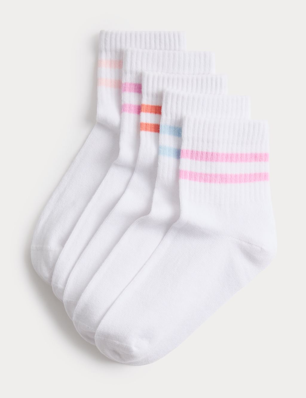 M&S Girls 5 Pack Quarter-Length Ankle Stripe Socks (6 Small-7 Large) - 6-8 ½ - White Mix