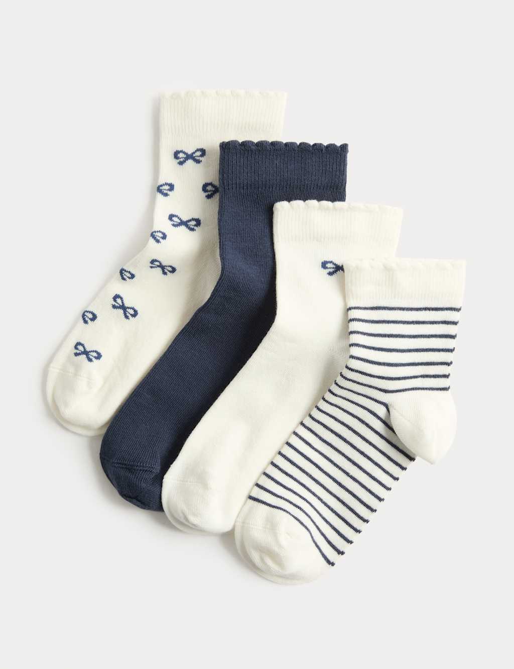 M&S Girls 4 Pack Cotton Rich Bow & Striped Socks (6 Small-7 Large) - 6-8 ½ - Navy Mix