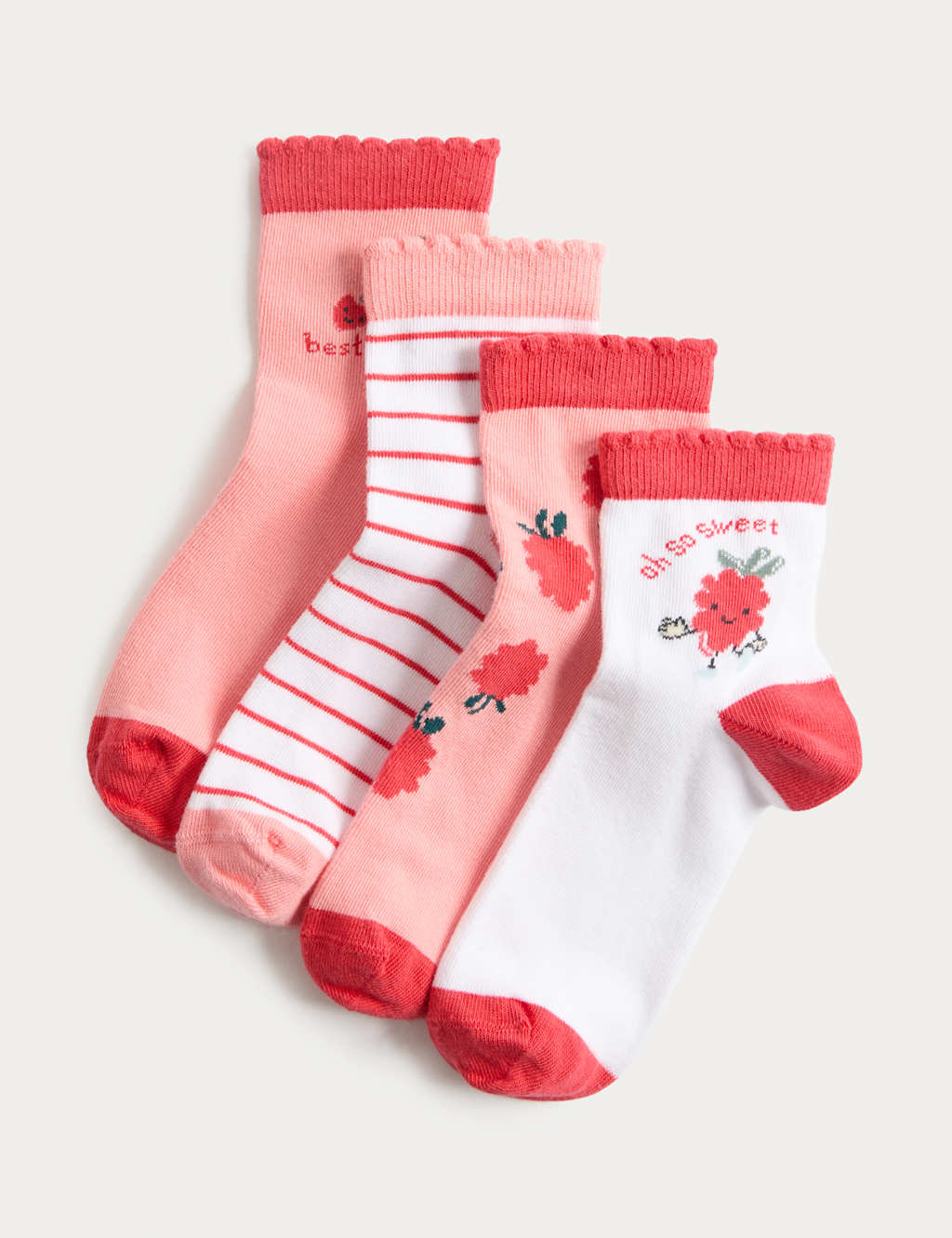 M&S Girls 4 Pack Fun Berries Socks (6 Small - 7 Large) - 12½-3 ½ - Coral Mix