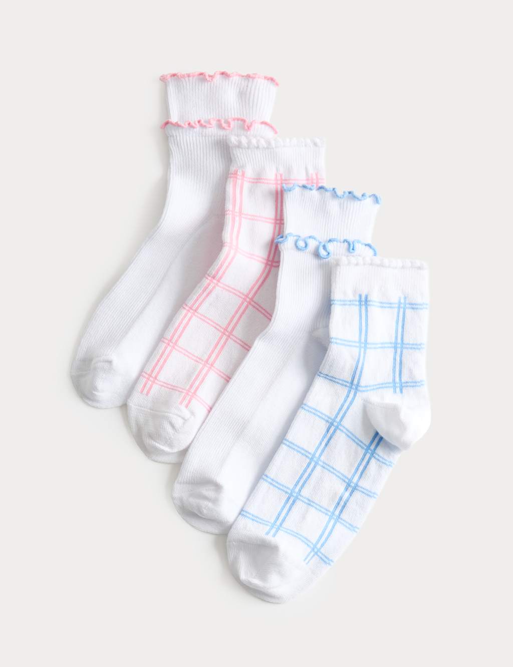 M&S Girls 4 Pack Check Frill Socks (6 Small-7 Large) - 12½-3 ½ - Pink Mix