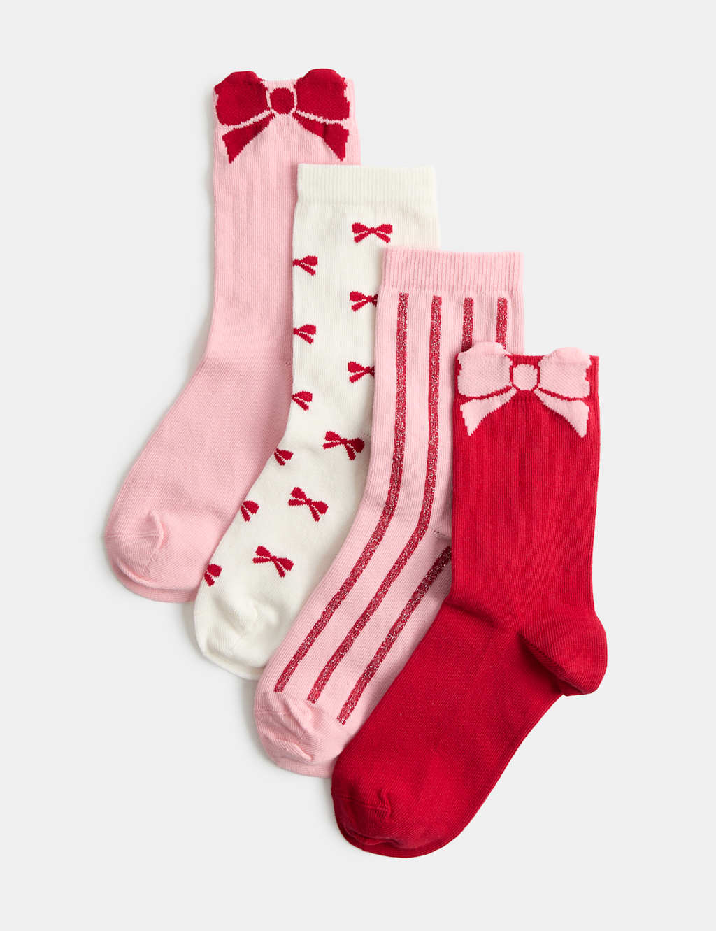 M&S Girls 4 Pack Cotton Rich Bow Socks - 12½-3 ½ - Pink Mix