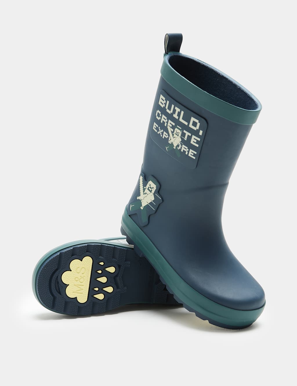 M&S Boys Minecraft Waterproof Wellies (8 Small-2 Large) - 1 - Blue Mix