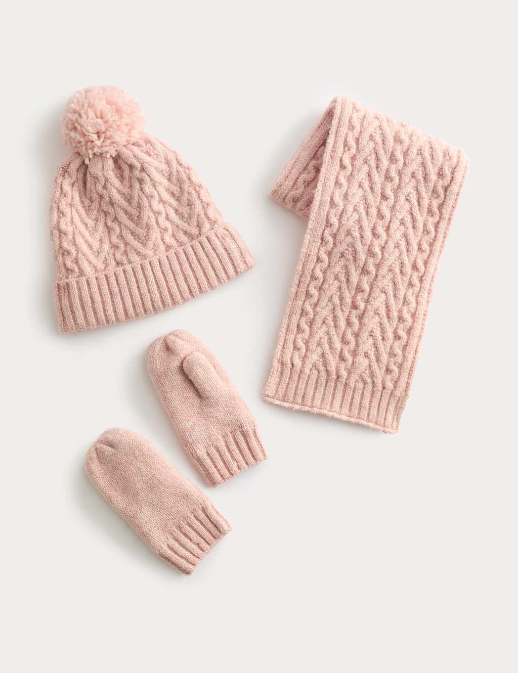 M&S Kids' Cable Hat Scarf and Mitten Set (1-13 Yrs) Rose Pink