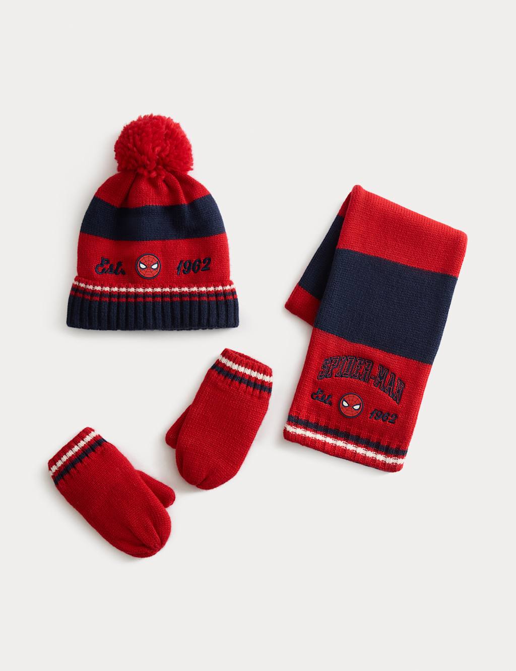 M&S Kids' Spider-Man Hat Scarf and Mittens Set (1-13 Yrs) Red Mix