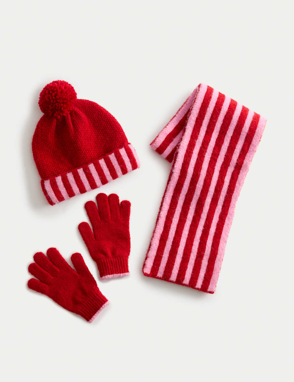 M&S Kids' Striped Hat Scarf and Gloves Set (3-13 Yrs) Red Mix