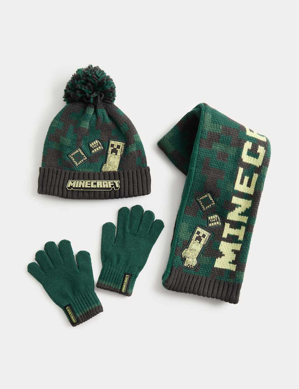 M&S Boys Minecraft Hat, Scarf & Mittens Set (3-13 Yrs) - 3-6 Years - Green