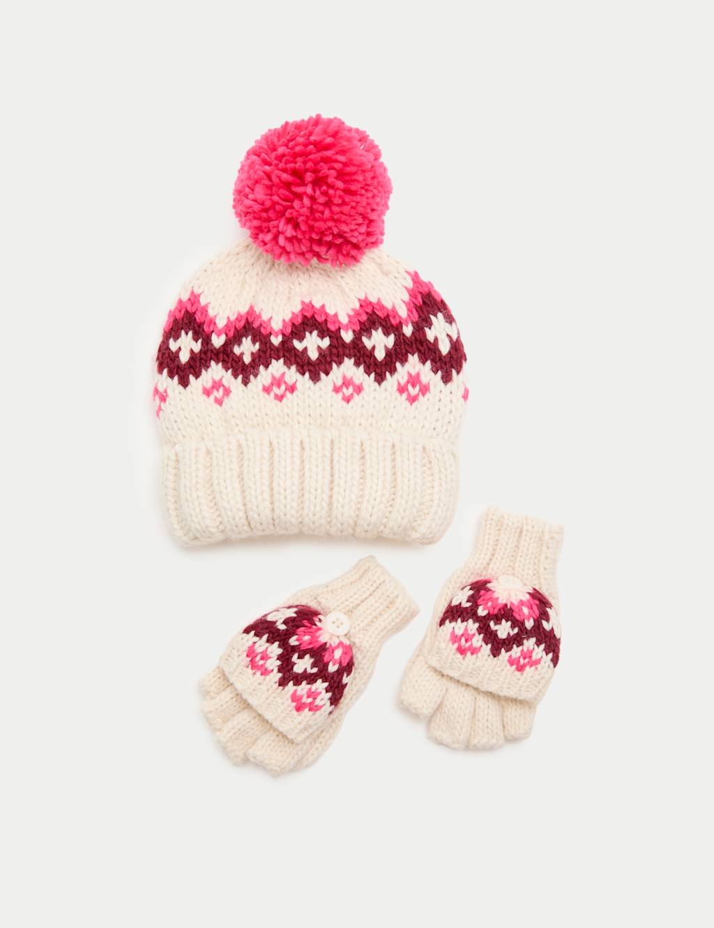 M&S 2pc Patterned Hat and Glove Set (3-13 Yrs) Cream Mix