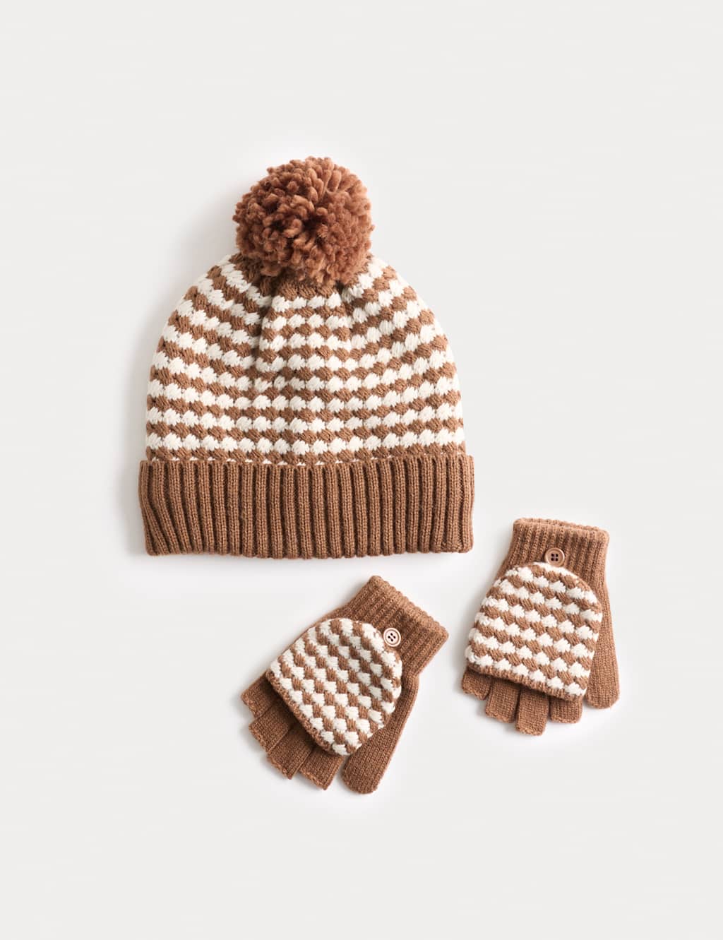 M&S Kids' Checked Pom Hat and Flip Top Set (3-13 Yrs) Brown