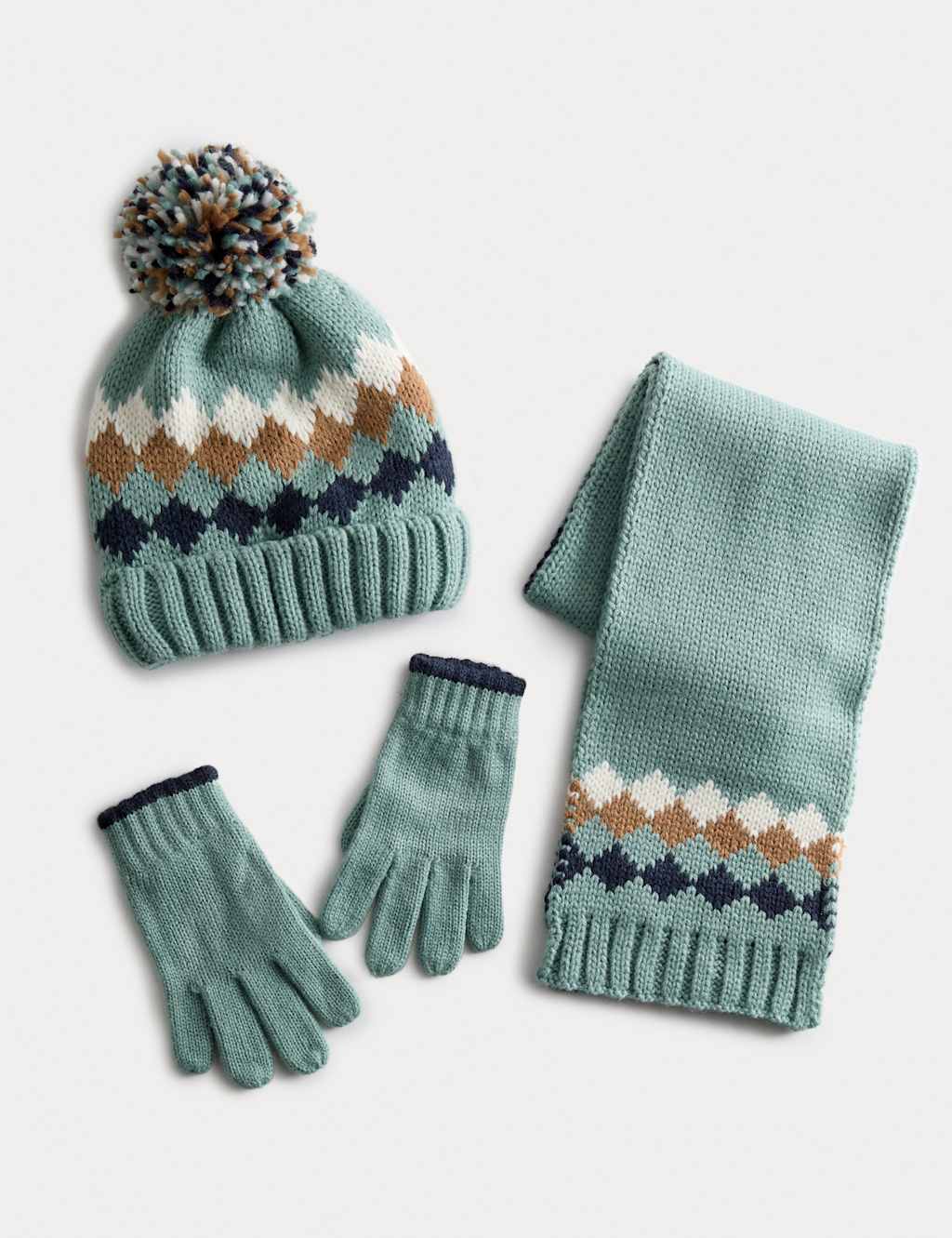 M&S Kids' Diamond Hat Scarf and Glove Set (3-13 Yrs) Green Mix