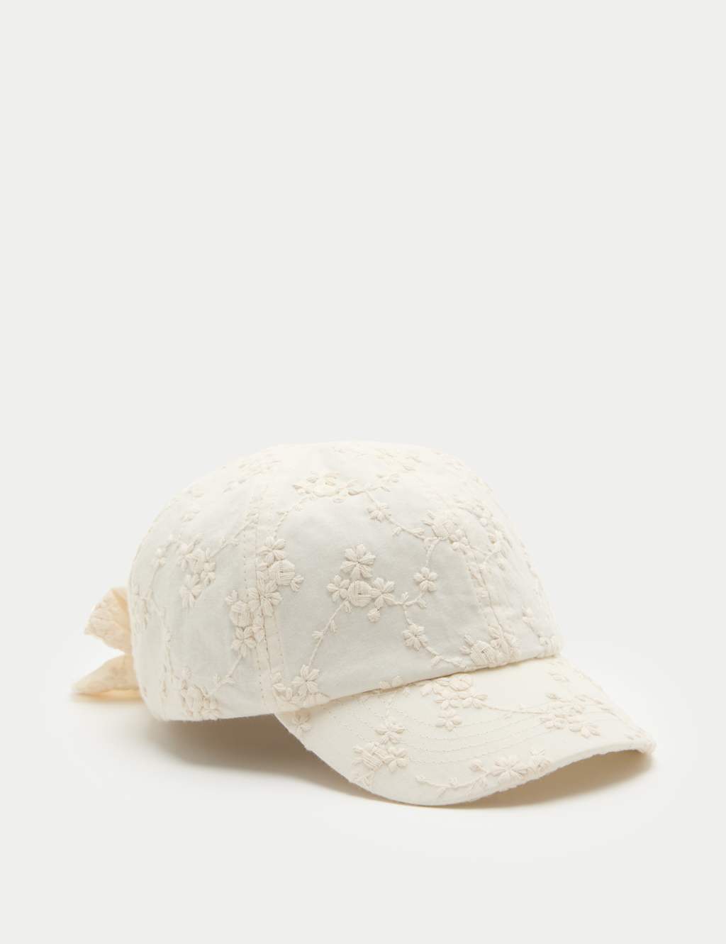 M&S Girls Pure Cotton Broderie Bow Back Cap (3-13 Yrs) - 3-6 Years - Cream