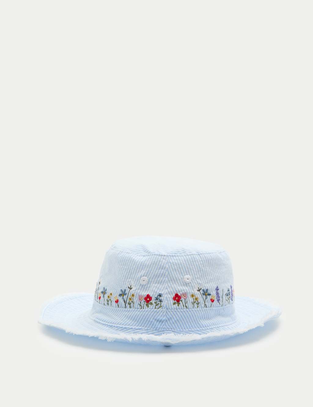 M&S Girls Pure Cotton Floral Embroidered Sun Hat - 6-10 Years - Blue Mix