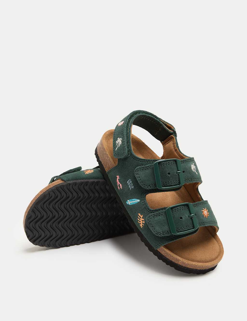M&S Girls Suede Embroidered Beach Footbed Sandals (4 Small-2 Large) - 4 - Green Mix