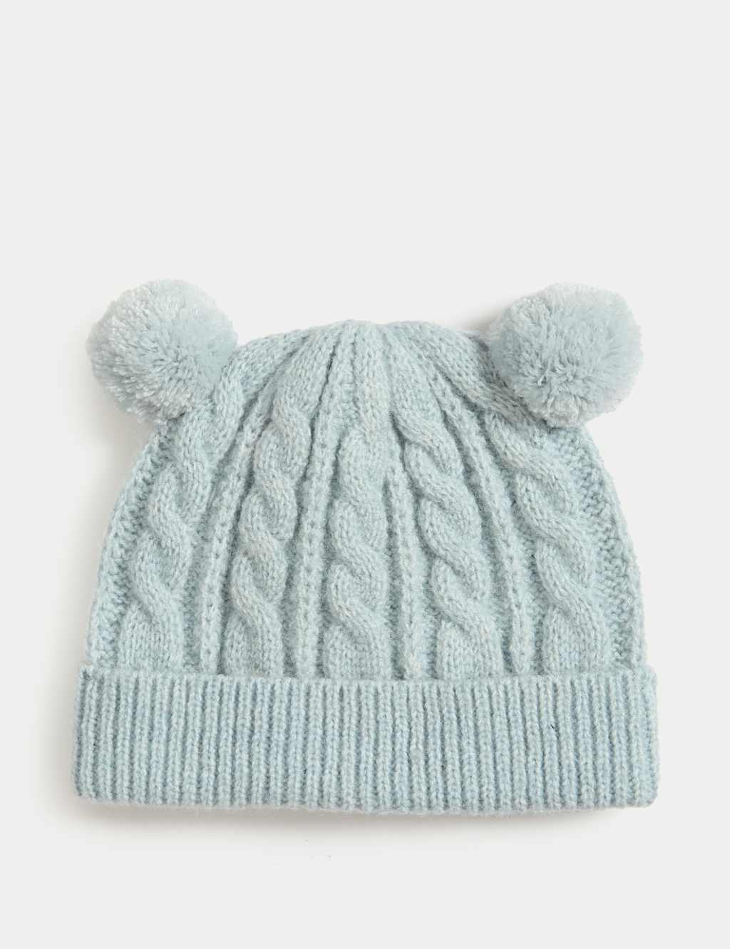 M&S Kids' Cable Knit Double Pom Winter Hat (0-3 Yrs) Blue