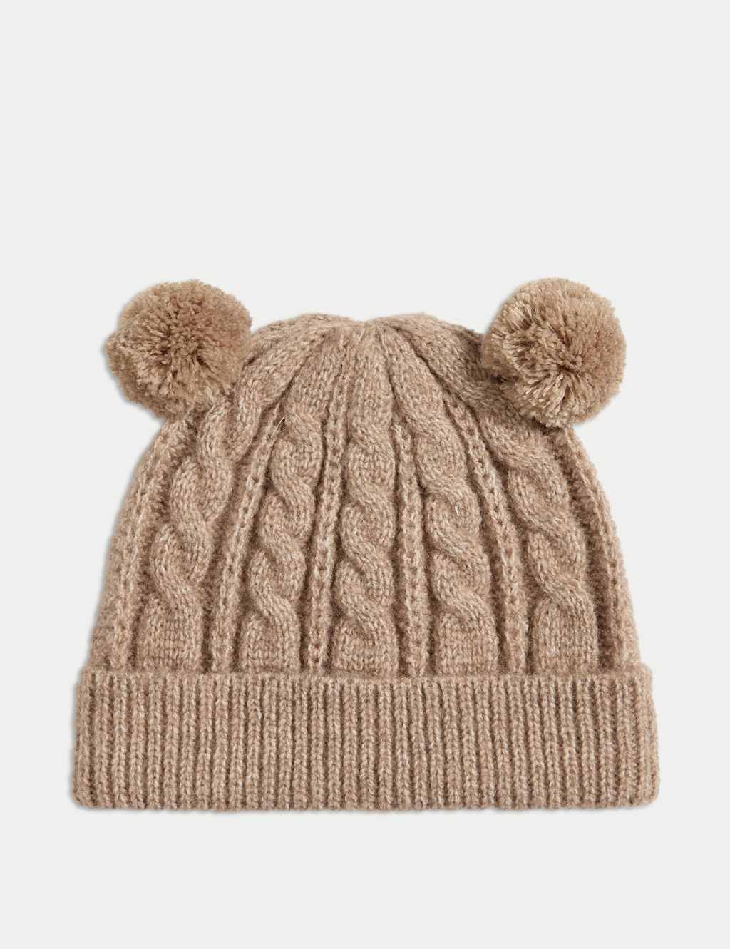 M&S Kids' Cable Knit Double Pom Winter Hat (0-3 Yrs) Mink
