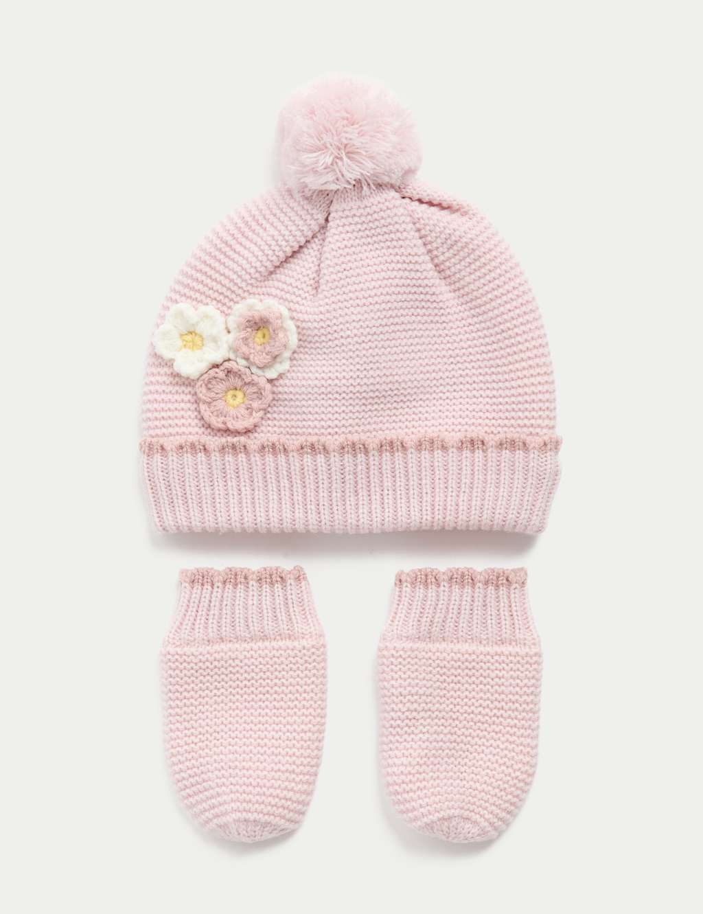 M&S Baby Floral Hat and Mittens Set (0-3 Yrs) Light Pink