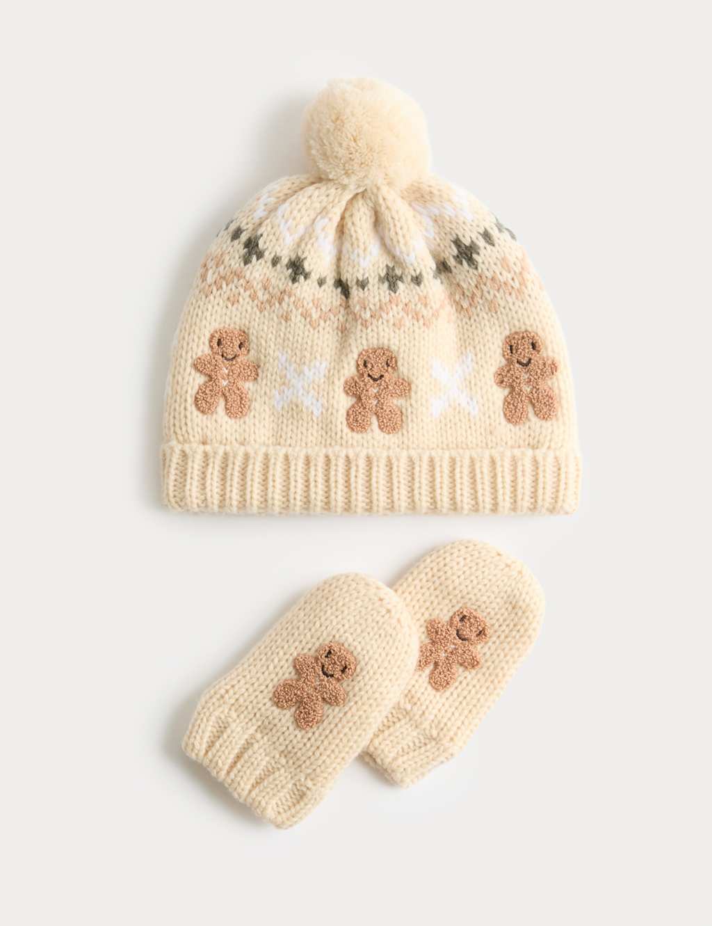 M&S 2pc Patterned Hat and Mitten Set (0-3 Yrs) Ecru