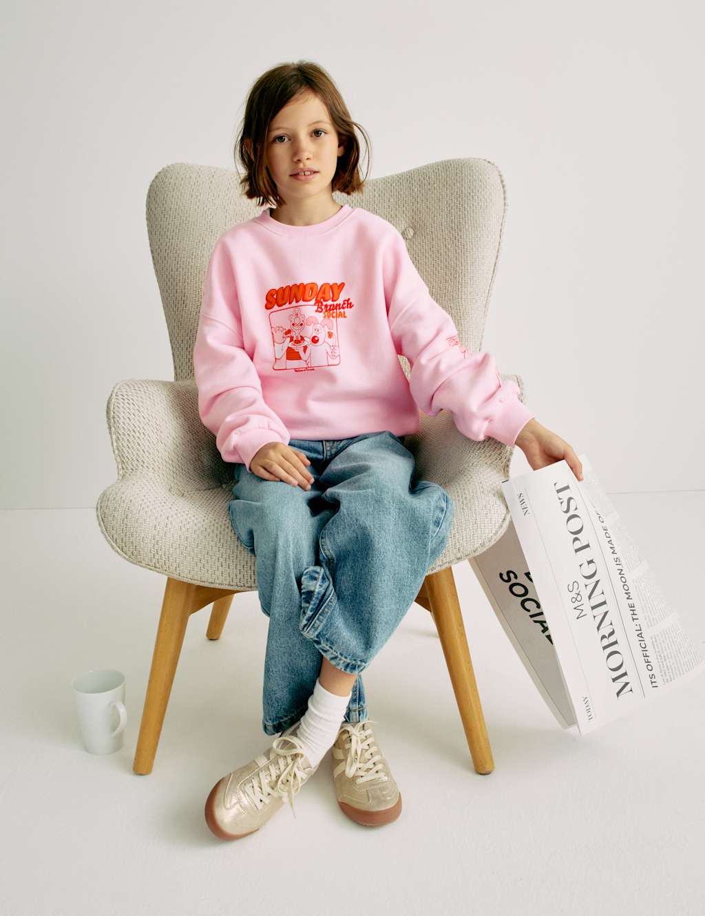 M&S Cotton Rich Wallace & Gromit Sweatshirt (6-16 Yrs) Pink Mix