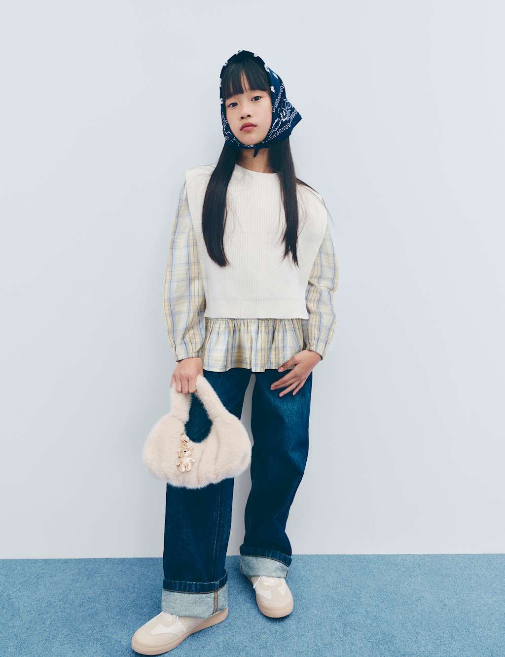 M&S 2pc Cotton Rich Knit Tabard and Check Shirt (6-16 Yrs) Ecru