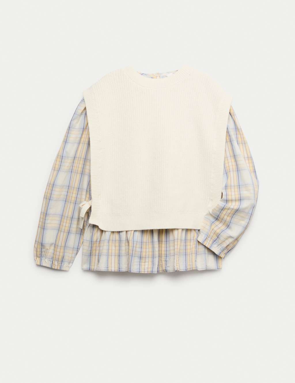 M&S 2pc Cotton Rich Knit Tabard and Check Shirt (6-16 Yrs) Ecru