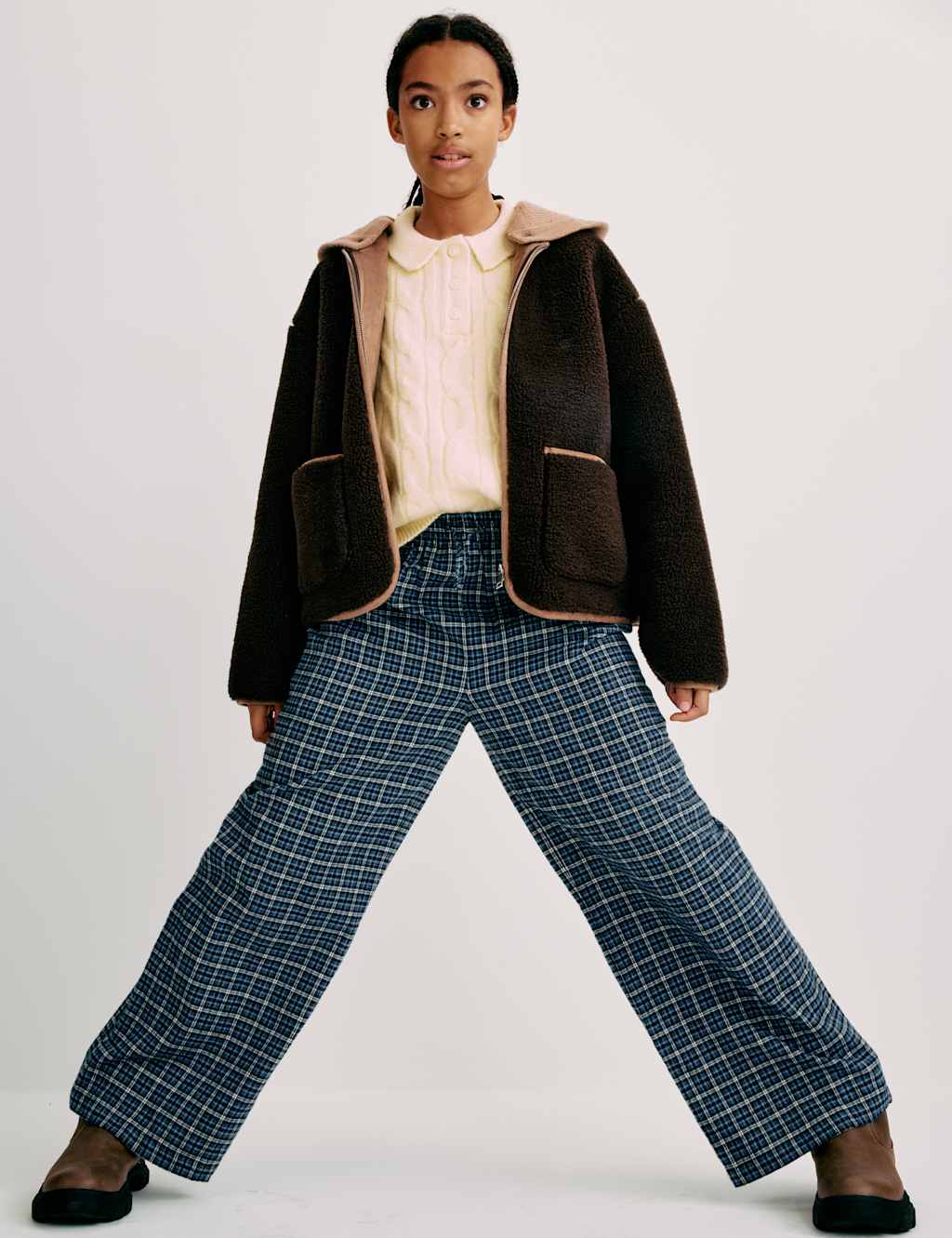 M&S Girls Pure Cotton Checked Relaxed Trousers (6-16 Yrs) - 6-7 Years - Blue Mix