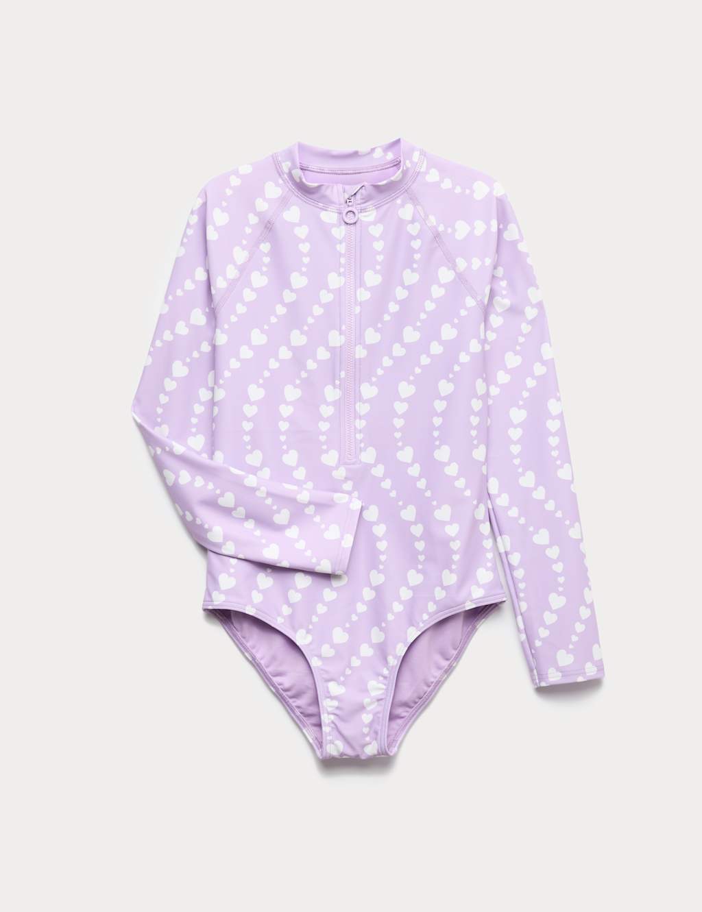 M&S Girls Heart Print Long Sleeve Swimsuit (6-16 Yrs) - 9-10 Years - Purple