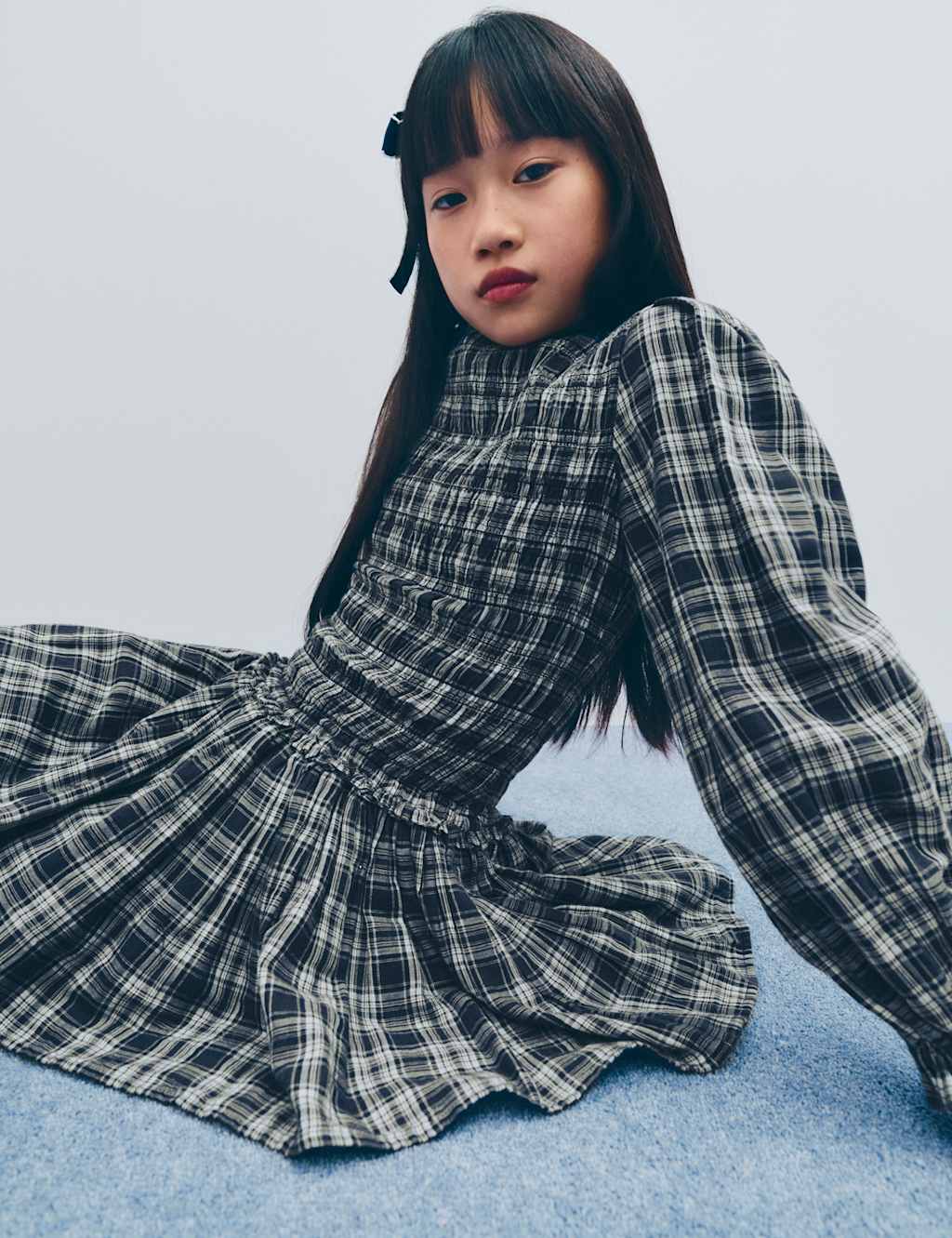 M&S Pure Cotton Checked Dress (6-16 Yrs) Navy Mix