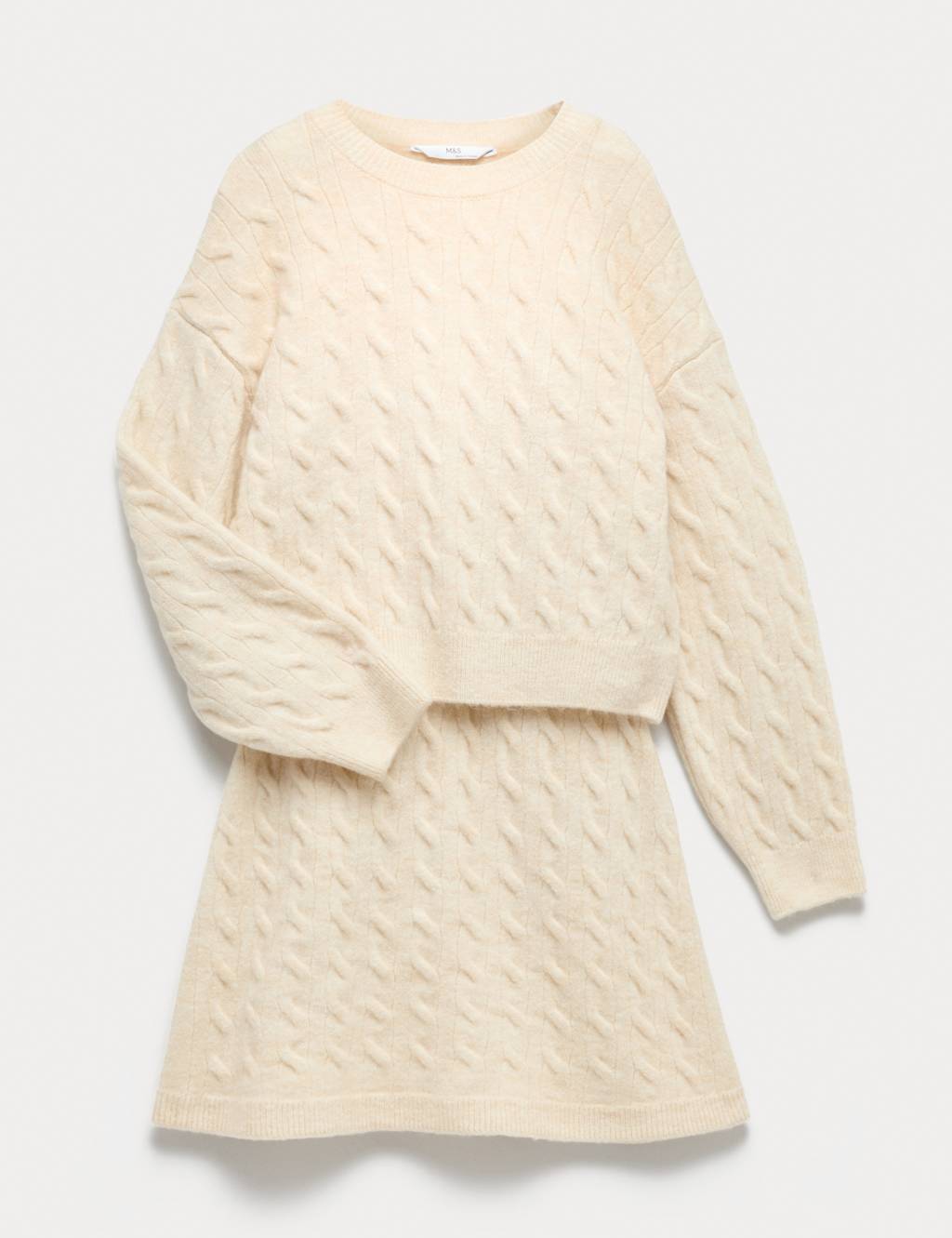 M&S 2pc Cable Knit Jumper and Skirt Outfit (6-16 Yrs) Cream