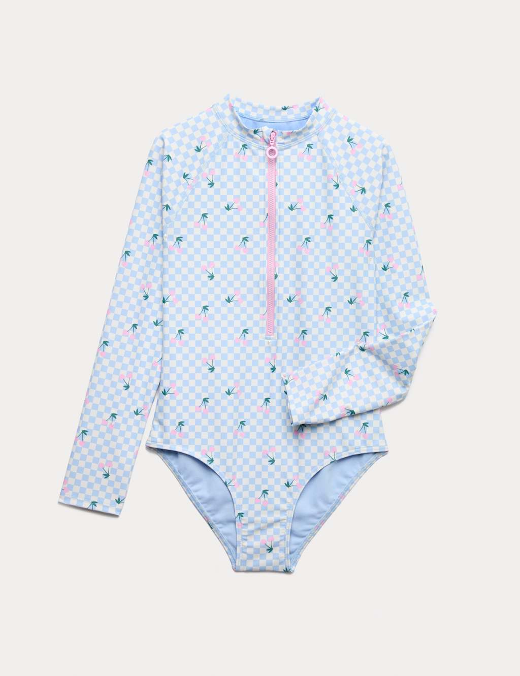 M&S Girls Cherry Print Long Sleeve Swimsuit (6-16 Yrs) - 6-7 Years - Blue Mix