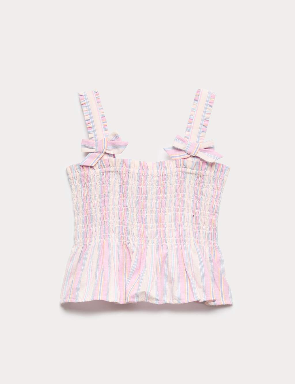 M&S Girls Pure Cotton Shirred Bow Top (6-16 Yrs) - 12-13 Years - Pink Mix