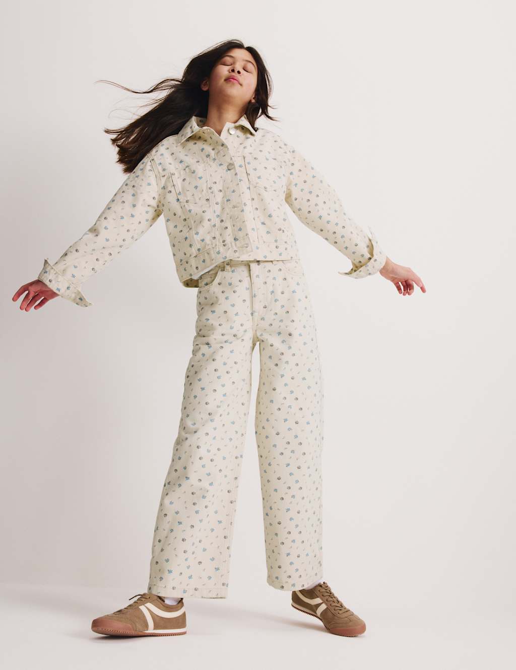 M&S Girls Pure Cotton Denim Ditsy Floral Jacket (2-16 Yrs) - 9-10 Years - Ecru
