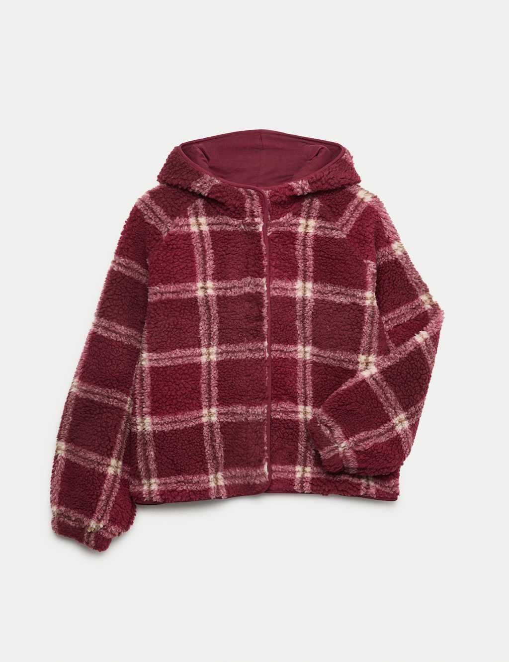 M&S Borg Check Hooded Jacket (6-16 Yrs) Burgundy Mix