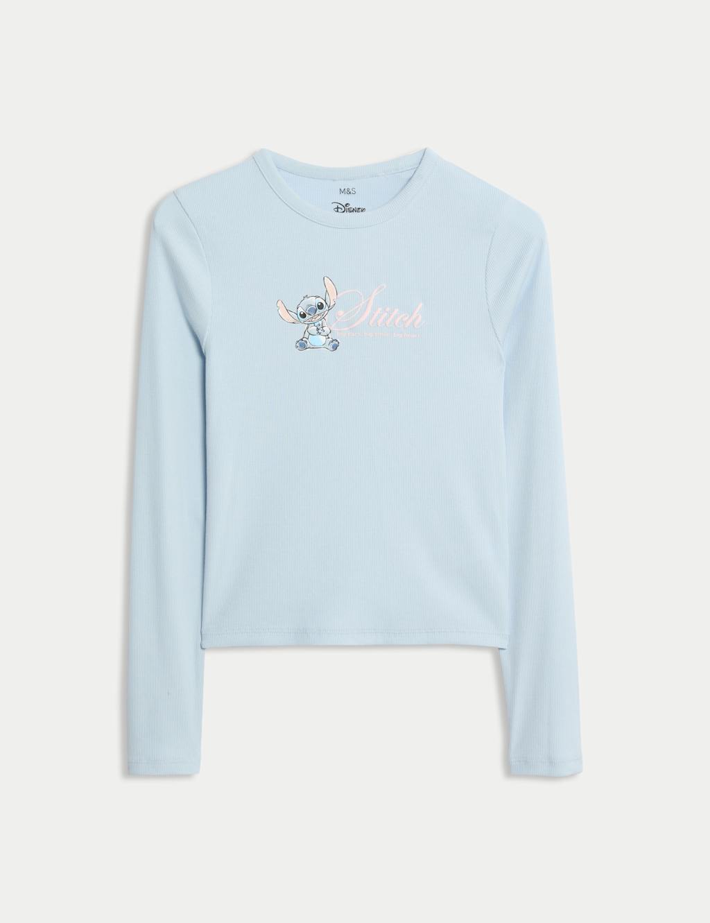 M&S Cotton Rich Lilo & Stitch Ribbed Top (6-16 Yrs) Light Blue