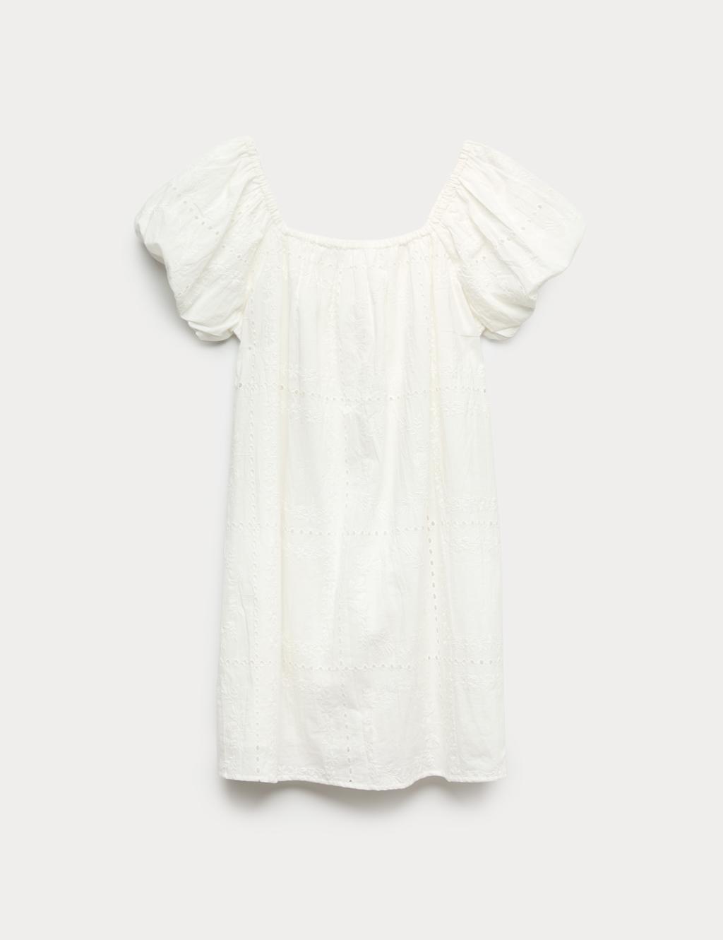 M&S Girls Pure Cotton Puff Sleeve Mini Dress (6-16 Yrs) - 14-15 Years - Ivory